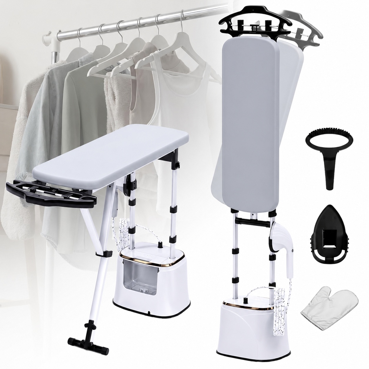 Garment Steamer Standing Size 2000W 2.2L Water Tank 25s Fast Heat-Up 3 Steam Modes Flat Slant Hanging Iron Options Dry Ironing Professional Wrinkle Remover White-Gold