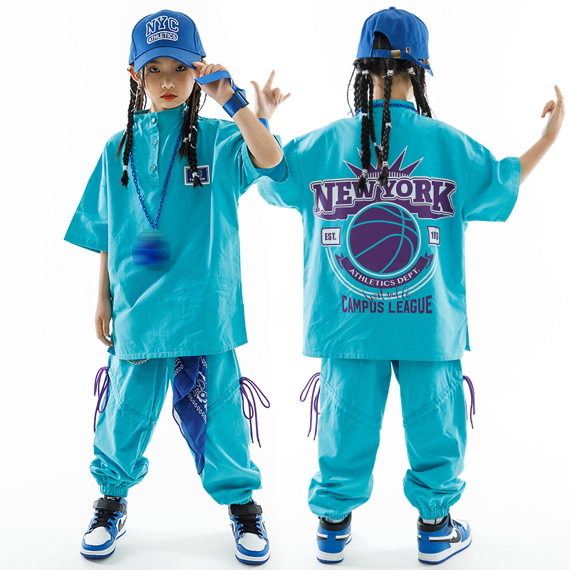 2023 子供ヒップホップの服女の子ルーズ Tシャツパンツブルースーツ男の子ストリートダンス衣装 Kpop コンサートパフォーマンスの摩耗 BL10590