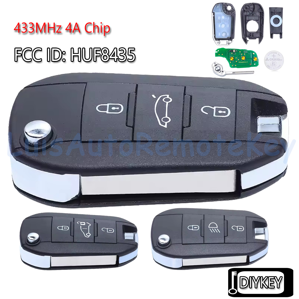 3 ボタンフリップリモート車キーフォブ 433MHz 4A チップシトロエンエアクロス C3 C5 C6 プジョー 308 4008 P/N: HUF8435、98 139 654 77