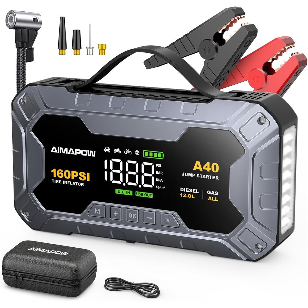 8000A 160PSI エアコンプレッサー ジャンプスターター、すべてのガソリン車用 12V パワーバンク、LED 懐中電灯、強制スタート、ジャンプリード付属