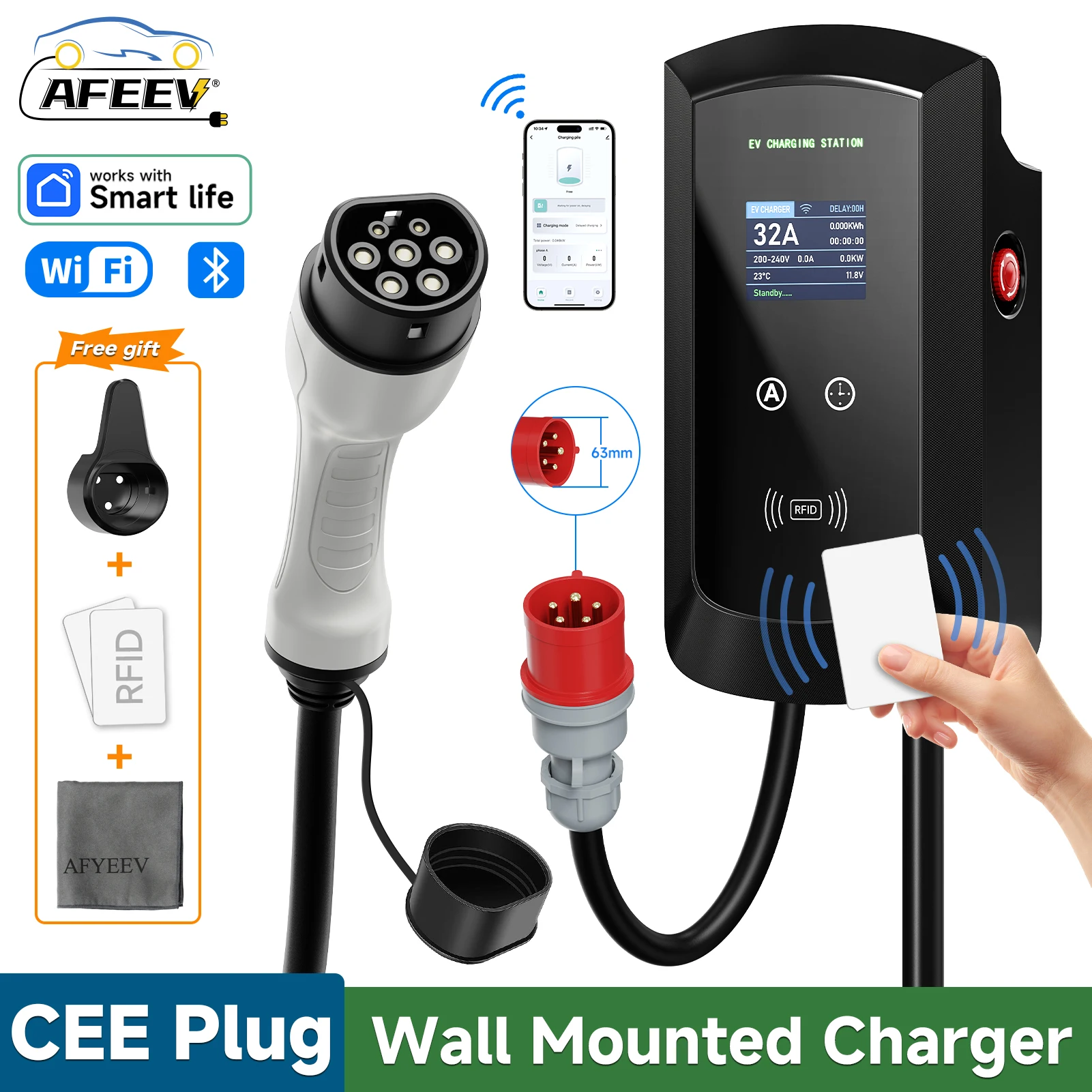 AFEEV 11KW EV 充電ステーション CEE プラグ Type2 32A 3 相壁掛け充電器 WiFi Bluetooth APP 制御急速充電充電器
