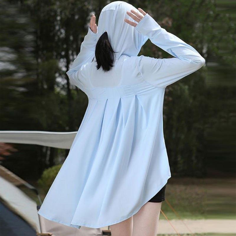 フロントショートとバックロング UV 耐性フード付きジッパー日焼け止め長袖トップ女性のための新しい服カジュアルソリッドコートファッション
