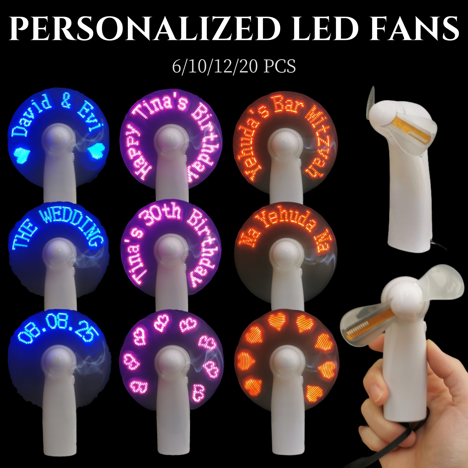 6-20 個のカスタマイズされた LED ファンパーソナライズされたポータブルファンプロポーズギフトライトアップファン屋外誕生日ブライダルウェディングギフト好意