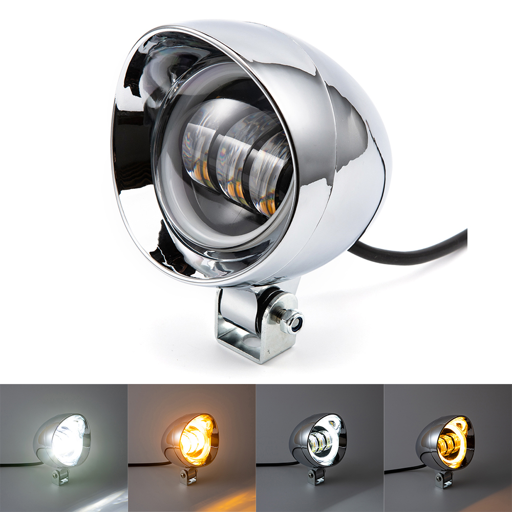 LED オートバイヘッドライトスポットランプクロームヘッドライト補助スポットライトハロー付きホンダヤマハスズキカワサキカフェレーサー用