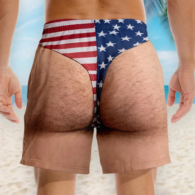 楽しいアメリカ国旗メンズショート現実的な毛むくじゃらの脚パターンスイムショーツ男性パーソナライズされた夏のギフト夫のための 3d ビーチショート