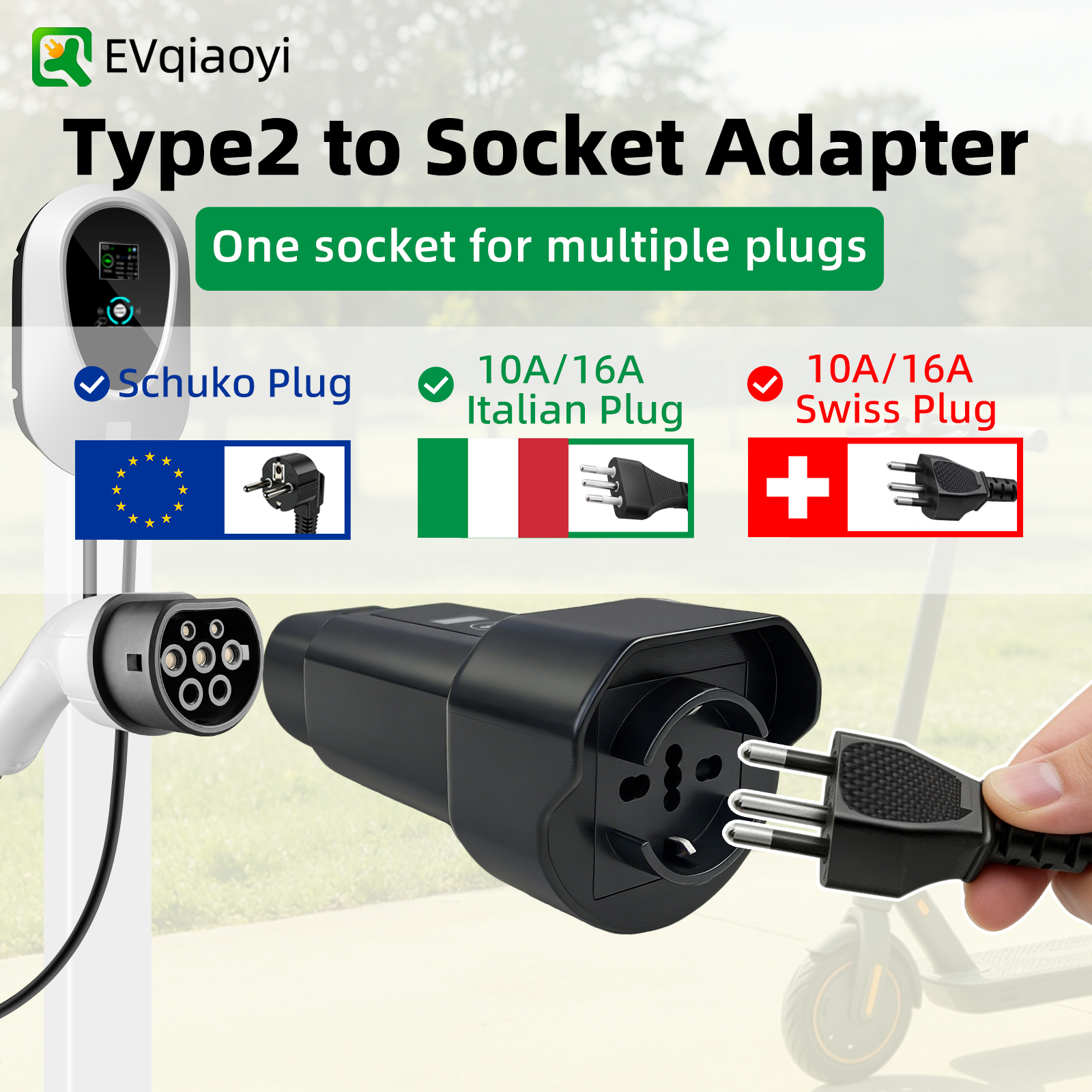 EVqiaoyi Type2 - Schuko アダプター、電源オフボタン付き、タイプ 2 充電ステーションから電力を供給、220V コネクター充電スクーター