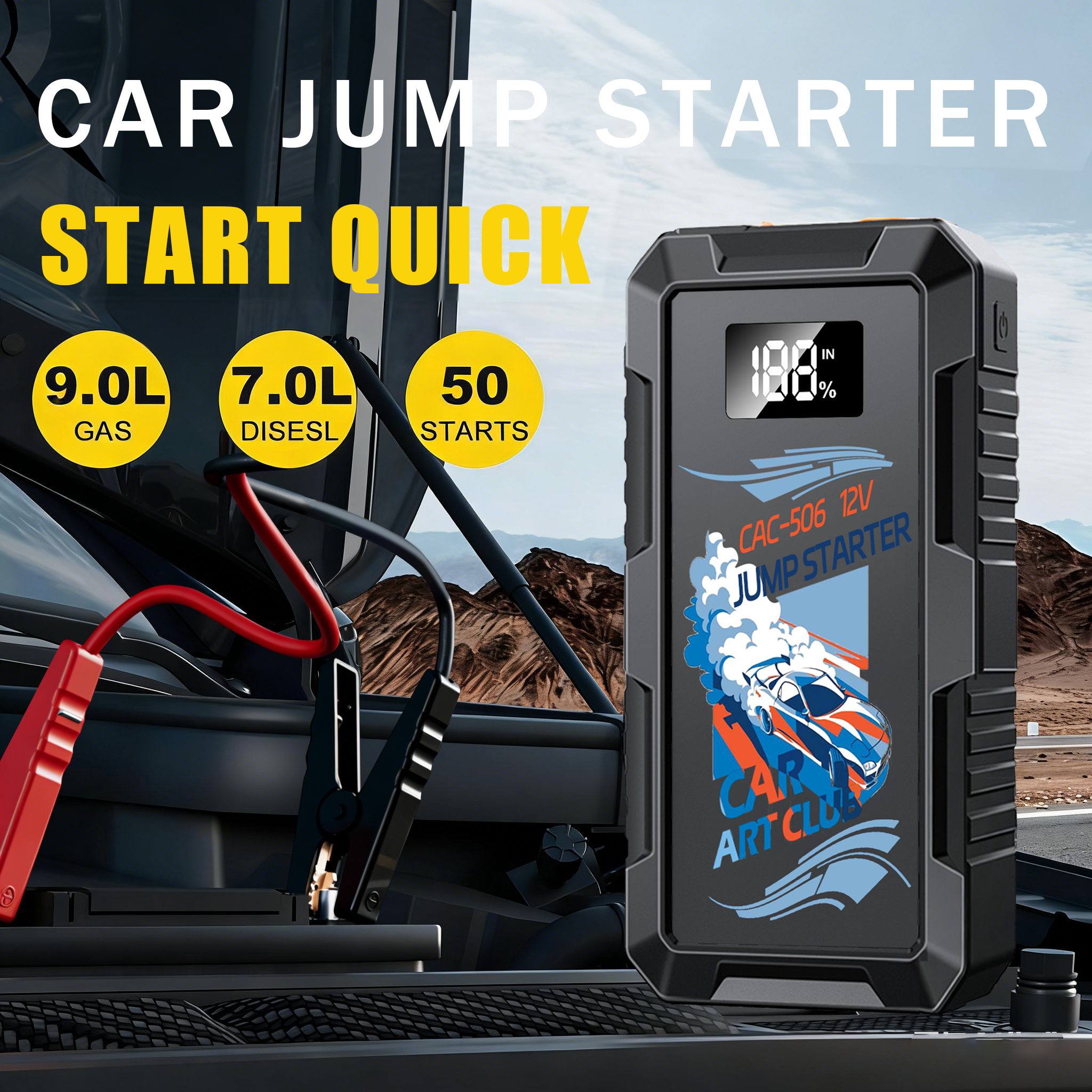 CAR ART CLUB 6000A ジャンプスターター、12V 車バッテリージャンプスターター、24000mAh 9L ガス 7L ディーゼルエンジン用ブースター LED ライト付き