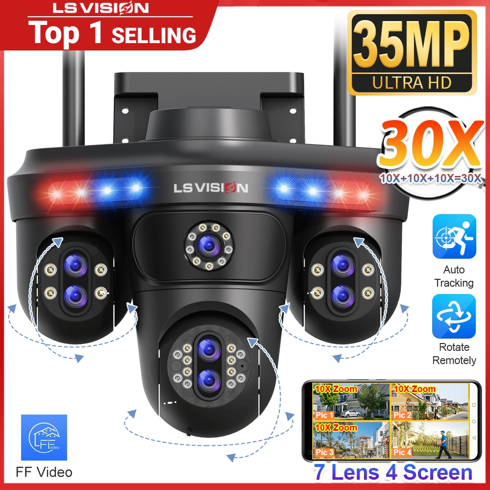 LS VISION 35MP 10X ズーム WiFi IP カメラ 4 スクリーン 7 レンズ屋外ワイヤレス PTZ セキュリティカム自動追跡 CCTV 監視カメラ