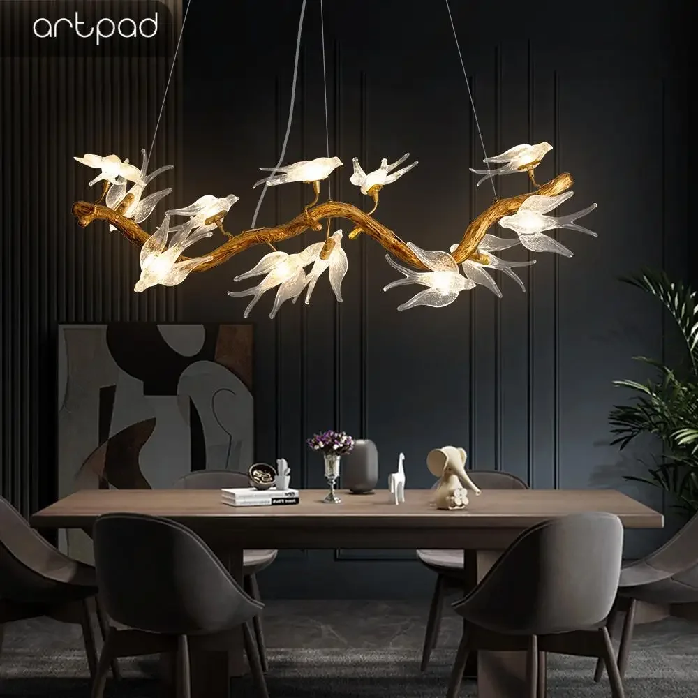 Artpad Designer Glass Bird Song Crystal Chandelier Luxury Retro Living Dining Room Hanging Branching Chandelier Swallow Pendant