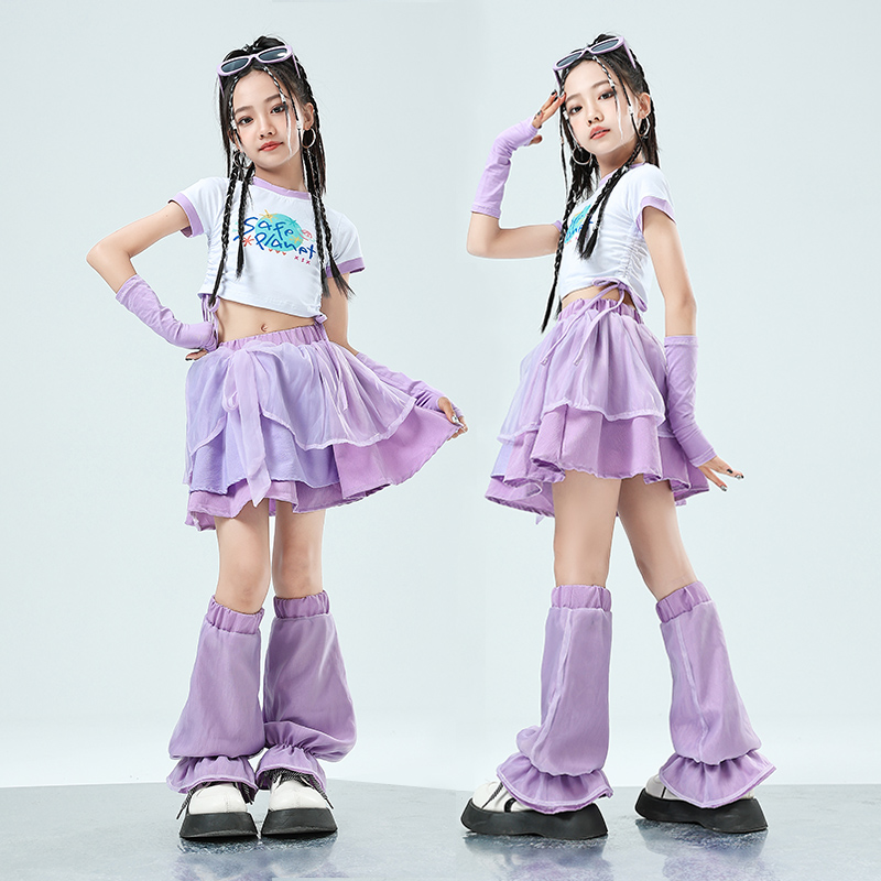女の子かわいいストリート衣装子供ヒップホップクロップトップ紫ティアードスカート服セット子供ティーンストリートダンスジャズ衣装