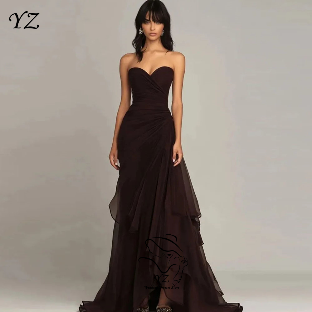YZ プリーツストラップレスイブニングドレスブラウンロングウエディングドレスフォーマルセクシーなオフショルダー Vestidos デ · フィエスタカスタマイズ 2026