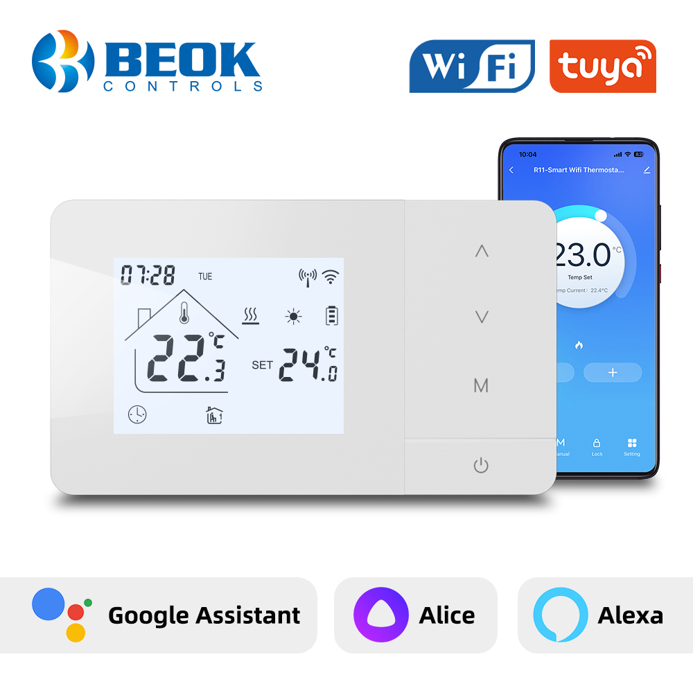 Beok スマート電池式サーモスタット ガスボイラー加熱/冷却温度コントローラー Alexa Google Home