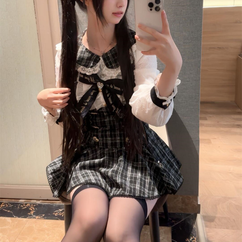日本ゴシックスタイルラインストーンボウドレスショーツセット女性甘い長袖スリムチェック柄シャツドレスかわいいロリータ Y2k 衣装