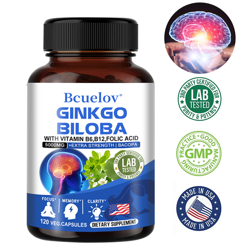 イチョウ 5000 mg エクストラストレングス - 脳機能と記憶力、集中力、ストレス軽減をサポート、植物性カプセル 120 粒