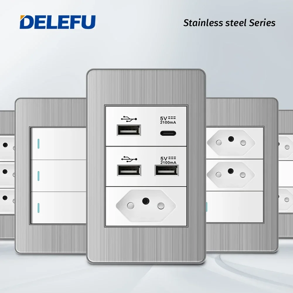 DELEFU ステンレス鋼パネルブラジル標準コンセントダブル USB タイプ C 壁電源ソケットライトスイッチオフィス 4*2 ホワイト 10A 20A