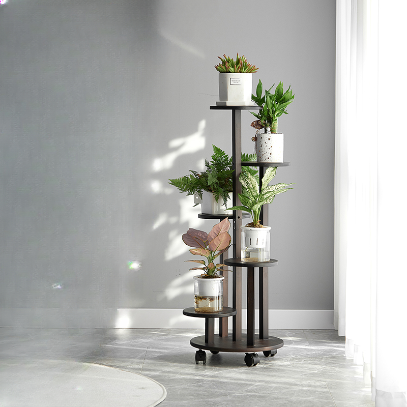 竹製植物スタンド 車輪付き 多段フラワーシェルフ 多肉植物用 丈夫な収納ラック ハーブ グリーン植物 モダンなリビングルーム