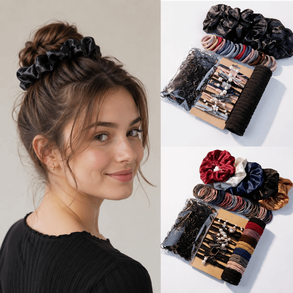 1087 個マルチスタイルヘアアクセサリーキットニュートラルカラー弾性シュシュバンドルマルチサイズオールインワンデザインヘアネクタイセット