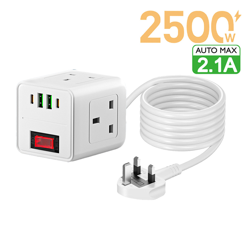 2500W 7 in 1 UKプラグ電源タップ 3 ACコンセント 2 USB 2 Type-Cポート デスクトップ充電ステーション 2m延長コード過負荷ソケット