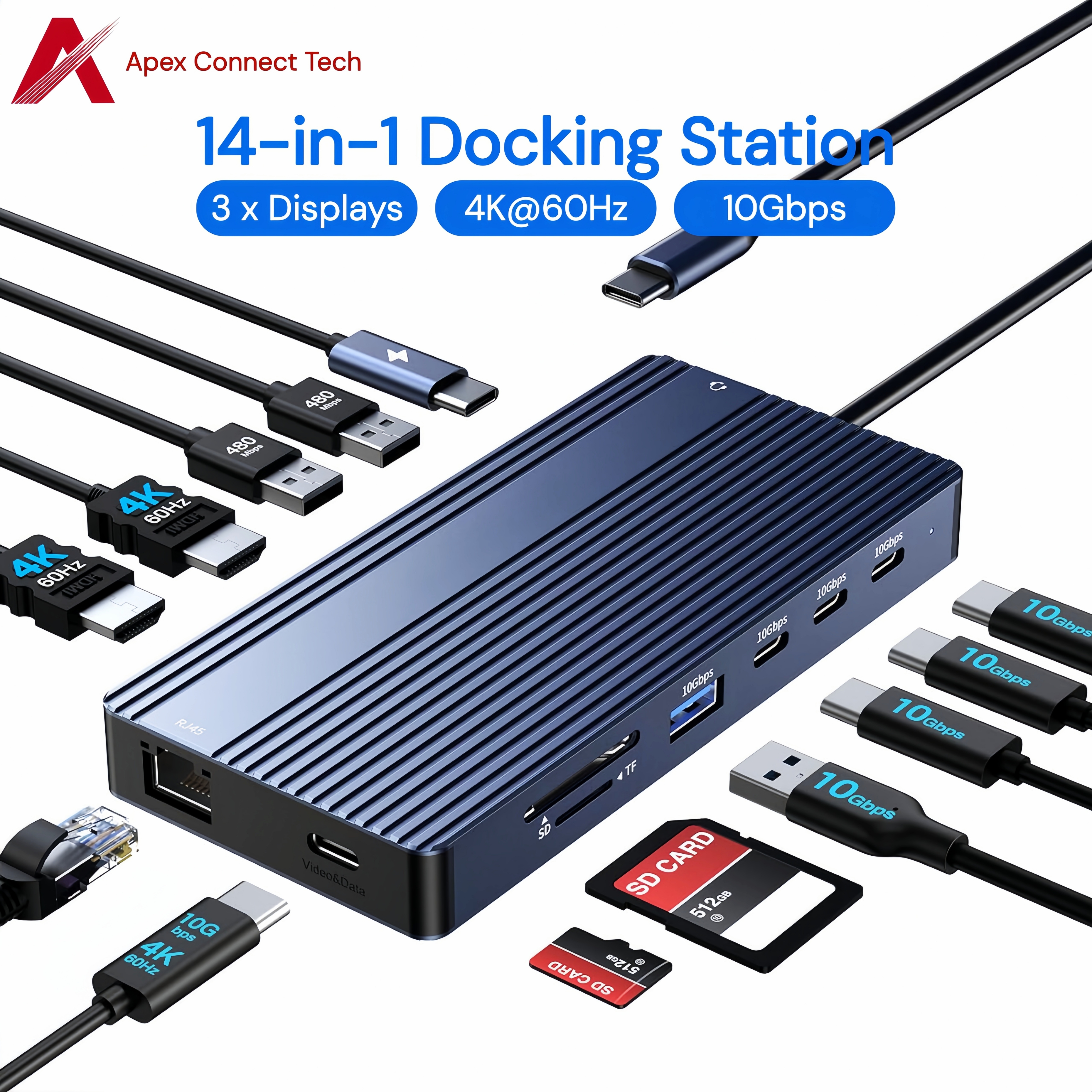 USB C ドッキングステーション デュアル HDMI DP Alt モード 4K 60Hz LAN トリプルディスプレイビデオ出力 10Gbps 100W PD オーディオカードリーダー ラップトップ用