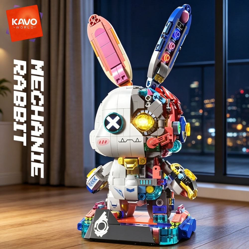 KAVOWORLD 1377個 ロボットウサギビルディングブロックセット LEDライトアップ マルチポイント 回転可能 取り外し可能ベース DIY サイバーパンクメカビルディングウサギレンガキット メカニカルバニー建設おもちゃ ホームオフィス用 D