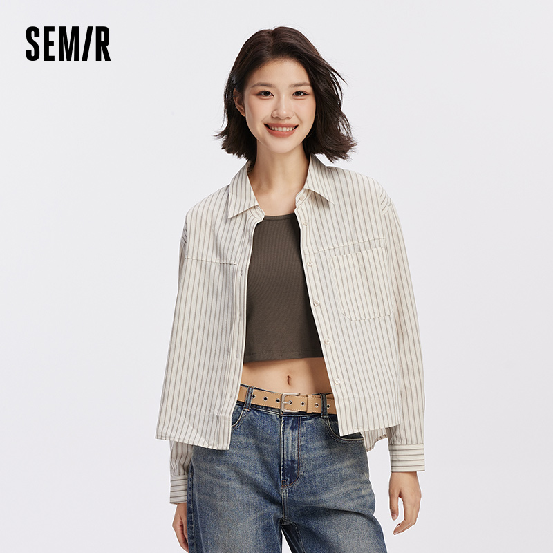 Semir 女性シャツストライプテクスチャオーバーサイズブラウスラウンドネックショートベストツーピースアーバン通勤スタイル日常着 2026