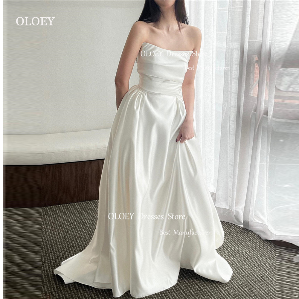 OLOEY シンプルな A ラインソフトサテン韓国のウェディングドレス写真撮影ストラップレスプリーツ床の長さのブライダルドレスコルセットカスタム