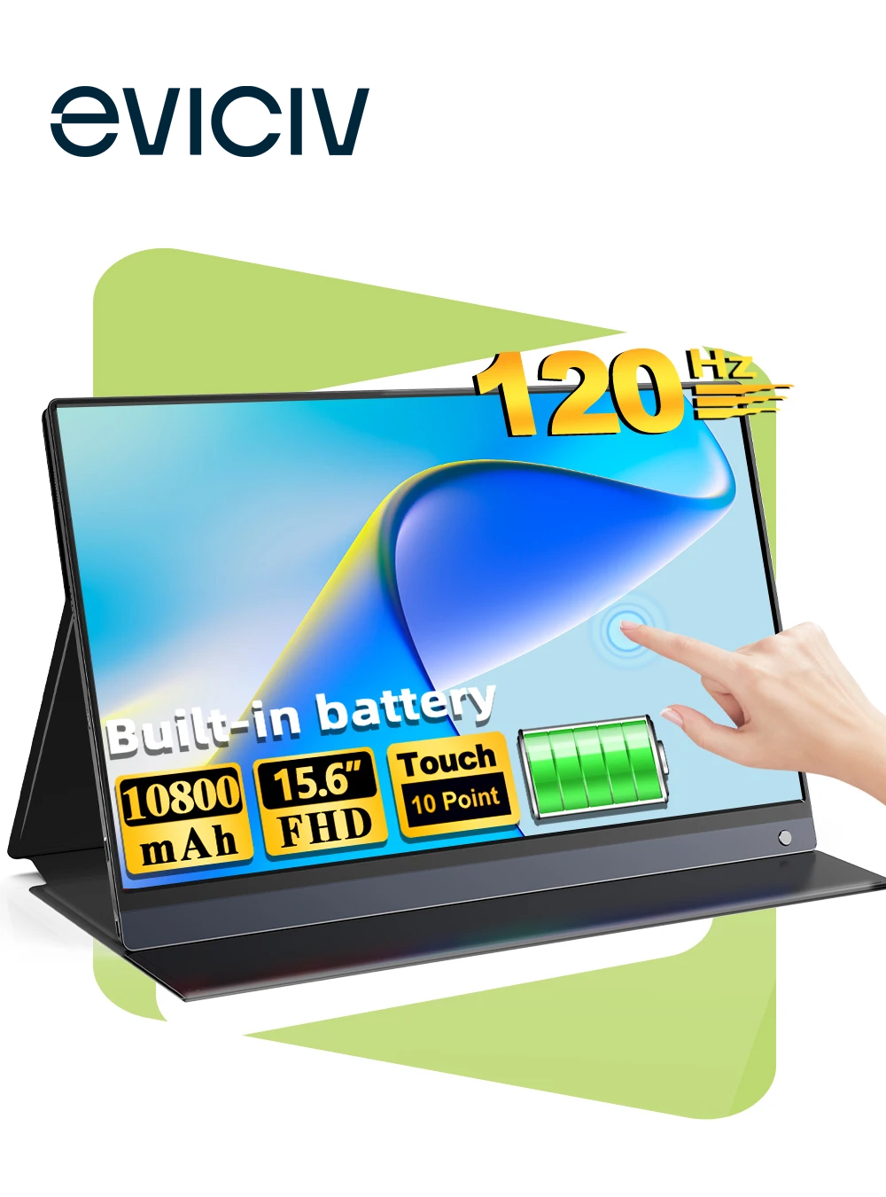 EVICIV 充電式バッテリーポータブルモニター 120Hz タッチスクリーン 15.6 インチ IPS HDR 1080P USB Type-C 内蔵 10800mAh バッテリーディスプレイ