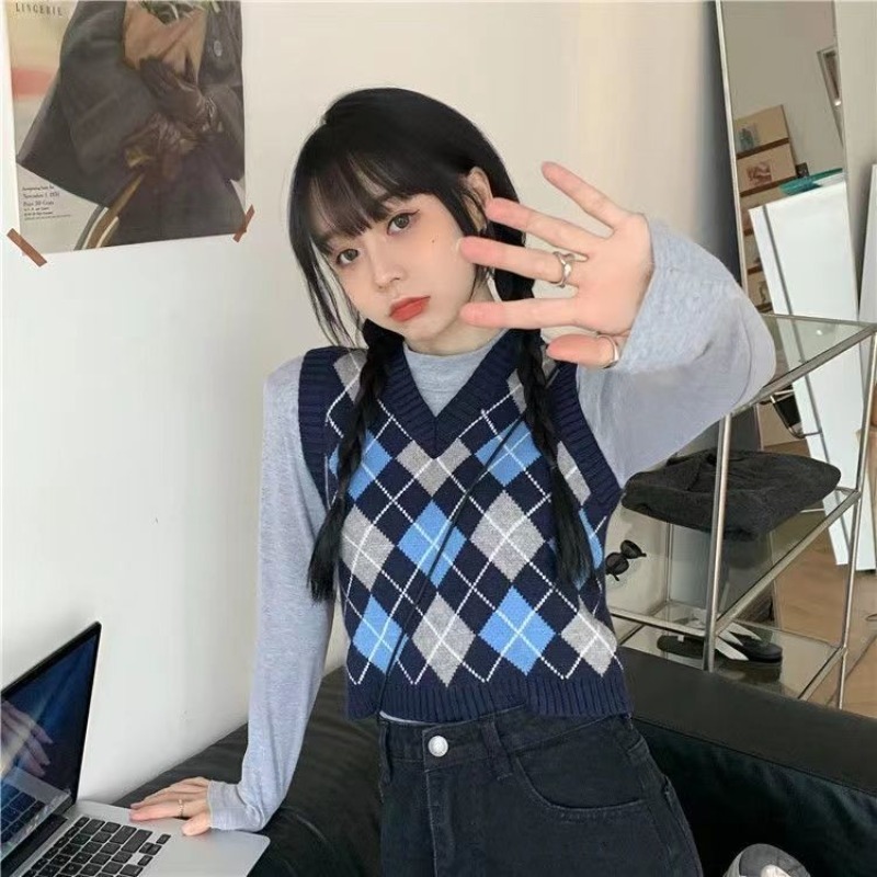 シックな女性の V ネック アーガイル ニット ベスト スリム フィット レトロ プレッピー プルオーバー セーター ノースリーブ トップ カラーブロック 春秋のファッション