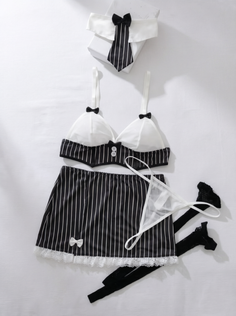 5 ピース/セットセクシーなブラセットコスプレ制服透明ブラジャーとパンティ下着セットドレスセクシーな衣装コスチュームナイトガウン Tバック