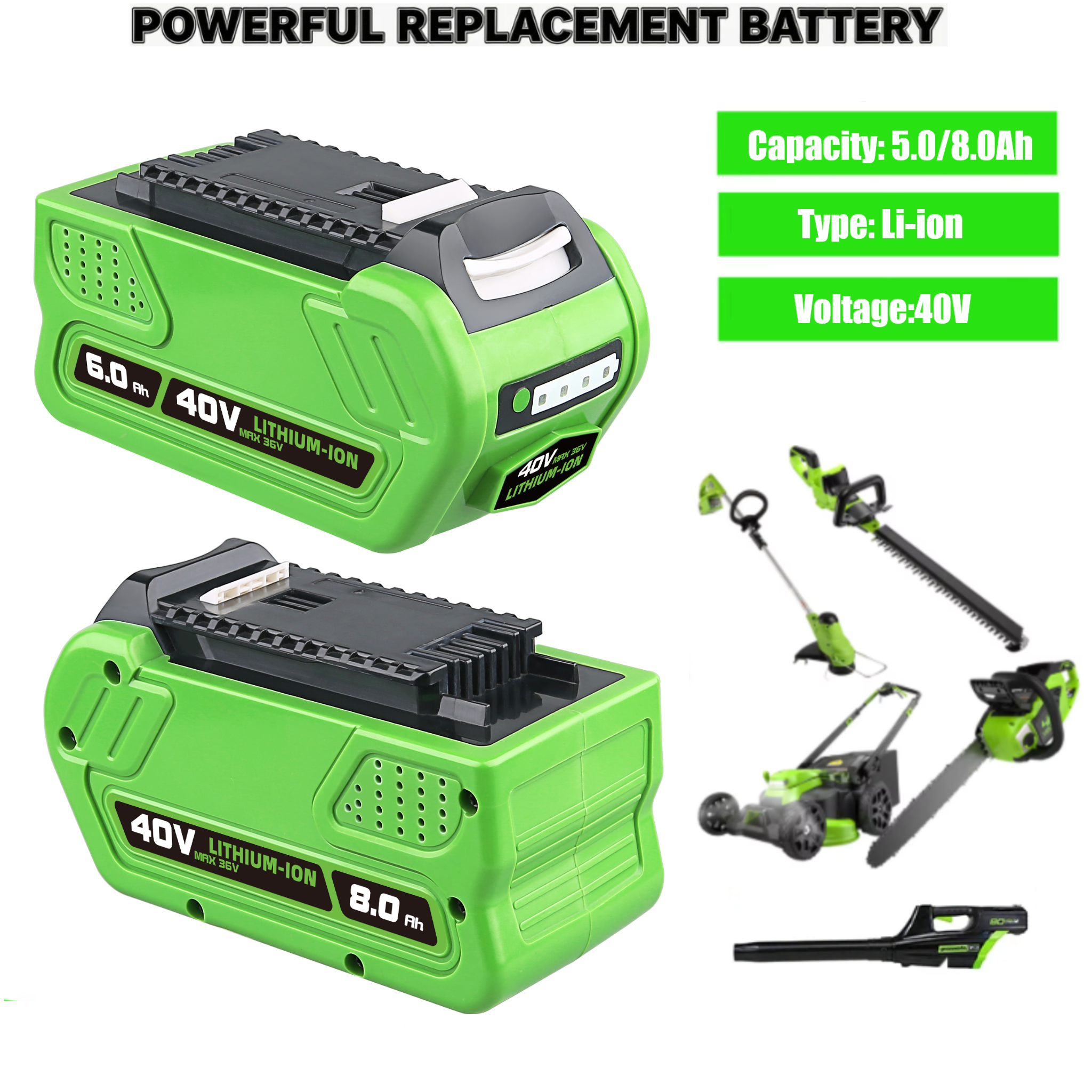 VINIDA 40V 6/8Ah Greenworks (29462/29472/29282) 交換用芝刈り機/リーフブロワーリチウムイオン GMAX 電動工具バッテリーピン