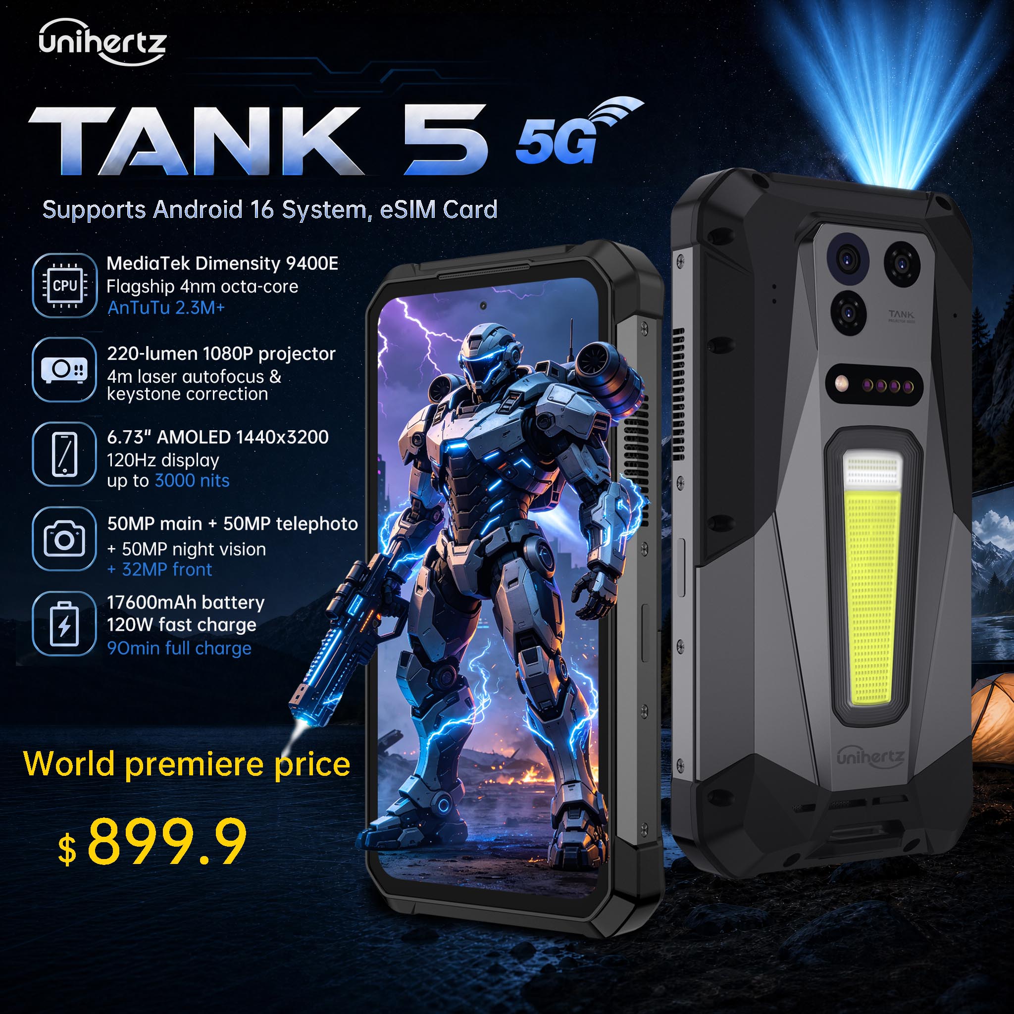 Unihertz 8849 TANK 5 頑丈なスマートフォン - 世界初の 2K プロジェクター 9400e CPU 3K AMOLED 18GB 1TB 17600mAh eSIM WiFi 7 をサポート