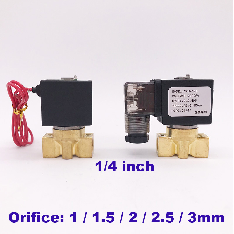 GOGO 真鍮製ミニソレノイドバルブ ポート 1/4インチ 1/1.5/2/2.5/3mm 常時閉 リード線付き 220V ゼロ圧力スタートバルブ