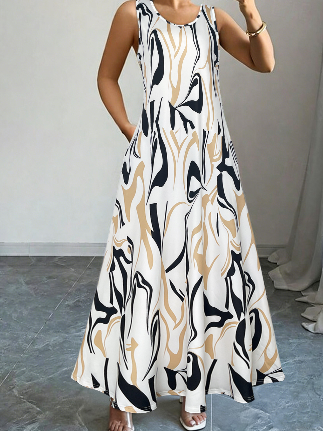 Women's Abstract Fluid Print Sleeveless Maxi Dress, Summer Casual Round Neck Loose Sundress With Side Pockets
