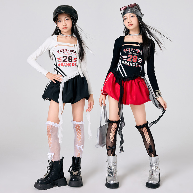 新しい女の子 K-POP ジャズステージ衣装ブラックホワイトトップヒップホップダンス衣装ファッションショーステージ服ストリートセット赤スカートパンツ