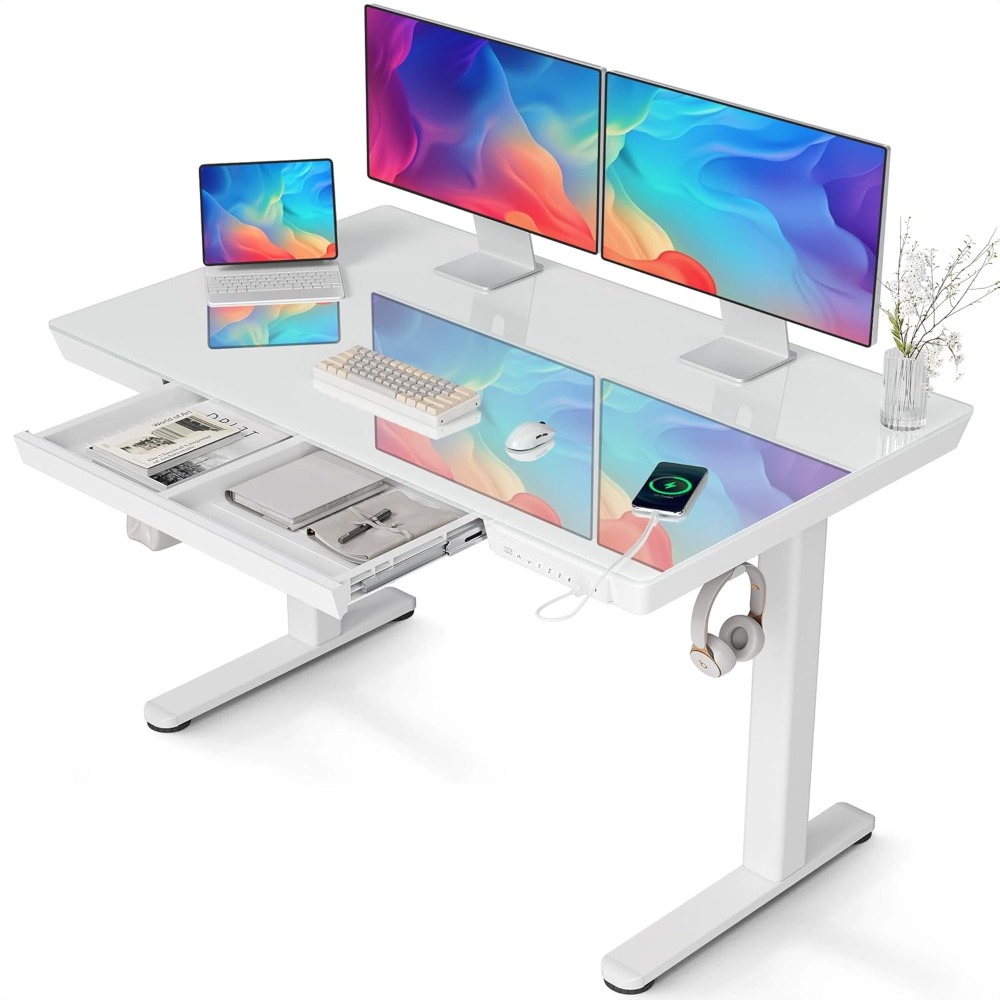 引き出し付きガラススタンディングデスク、48×24インチの調節可能なスタンドアップデスク、USB付きのホームオフィスコンピュータデスクのクイックインストール。カスタマイズされています。