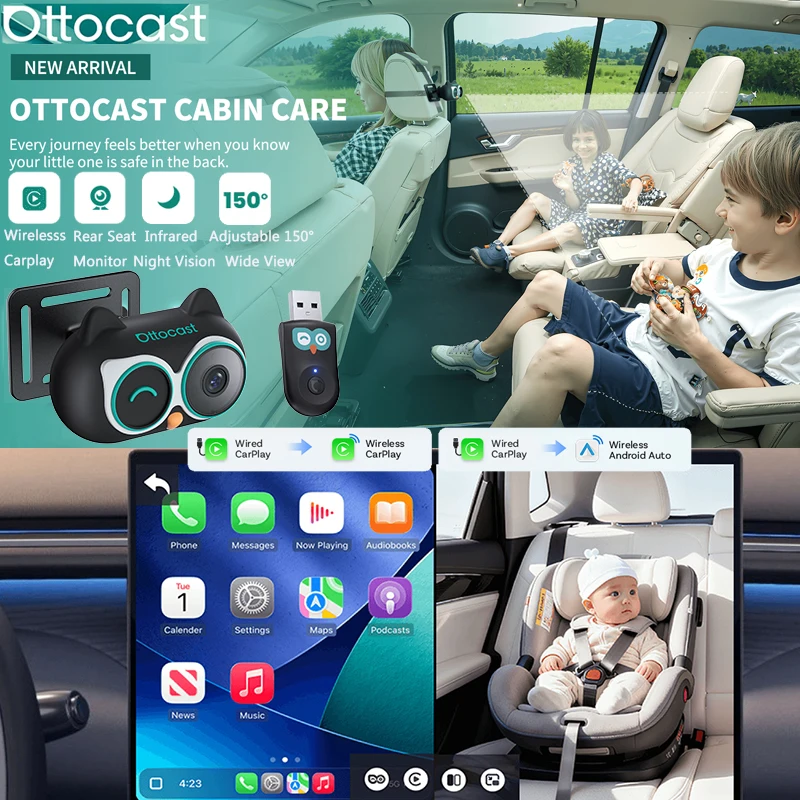 Ottocast キャビンケア ワイヤレス Carplay アダプター 後部座席用ベビーカーカメラ 1080P 150° 広角ナイトビジョン後部座席モニター