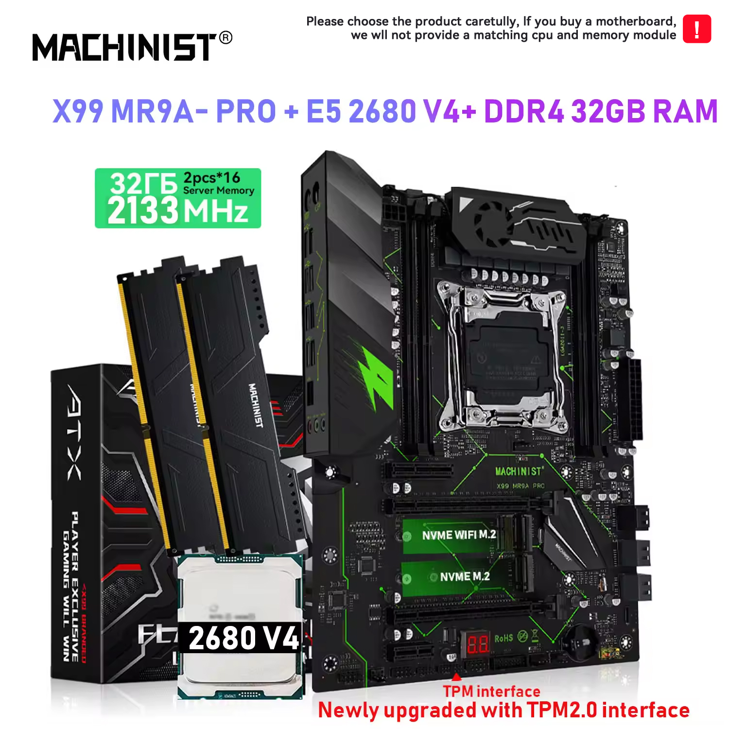 MACHINIST X99 マザーボード MR9A PRO オプションキット LGA2011-3 Xeon E5-2680 V4 CPU DDR4 2x16G=32GB メモリ デュアル NVMe M.2 クアッドチャネル