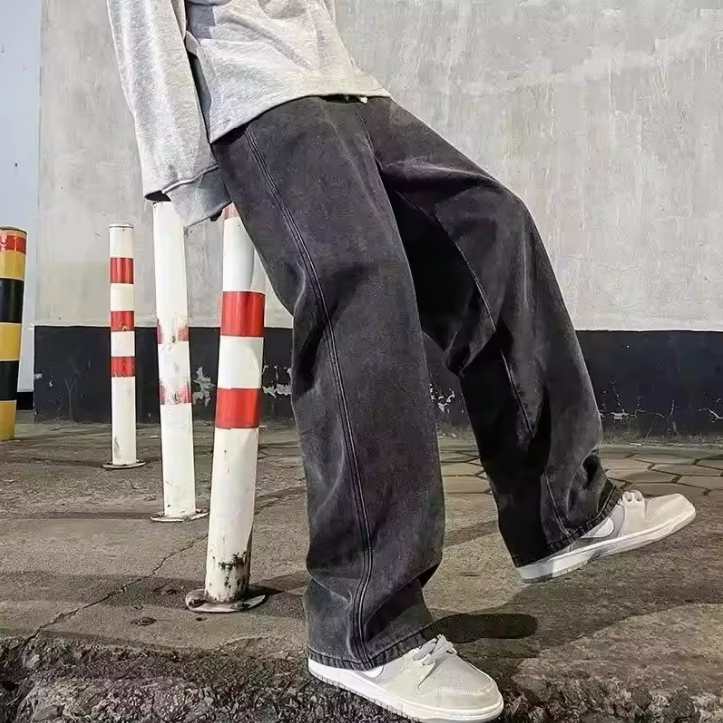 2025 新ストリートルーズジーンズ男性韓国スタイルのファッションルーズストレートワイドレッグパンツメンズブランド服ブラックライトブルー