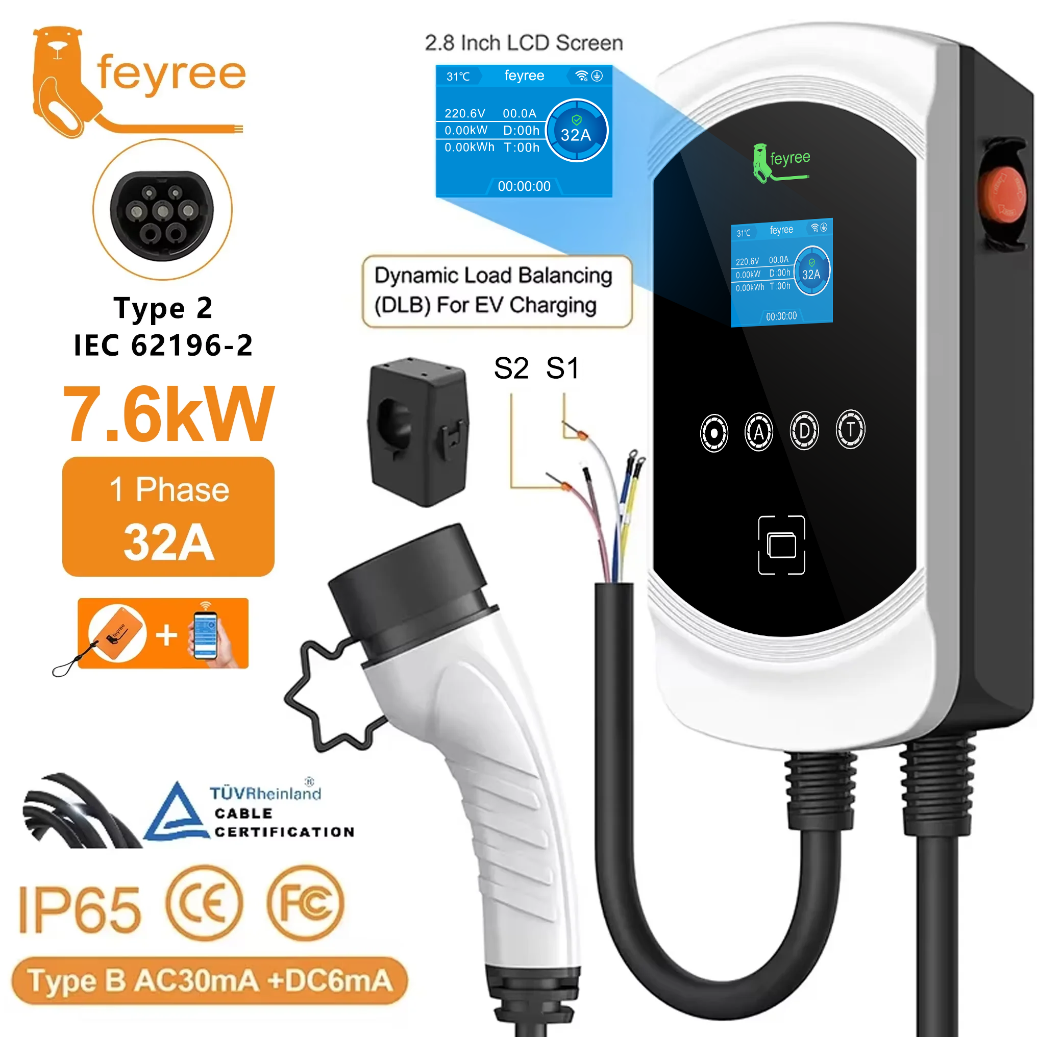 Feyree EV 充電器 Type2 ケーブル 32A 7.6kW ダイナミックロードバランシング EVSE ウォールボックス APP 機能 11kW 22kW 充電ステーション電気自動車