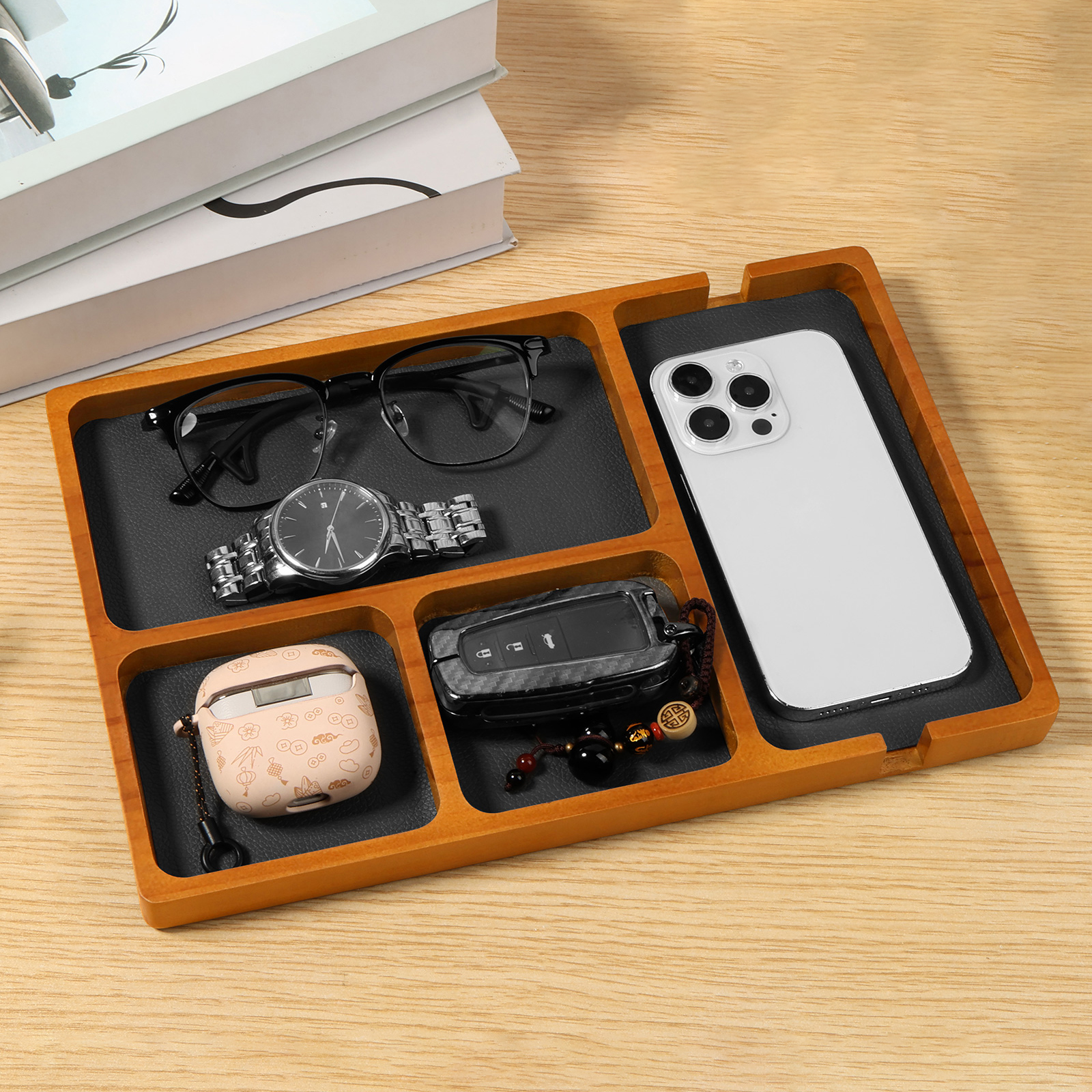 木製オフィスデスクトップストレージボックスバレットトレイ4コンパートメント無垢材メガネ携帯電話イヤホン雑貨オーガナイザー用