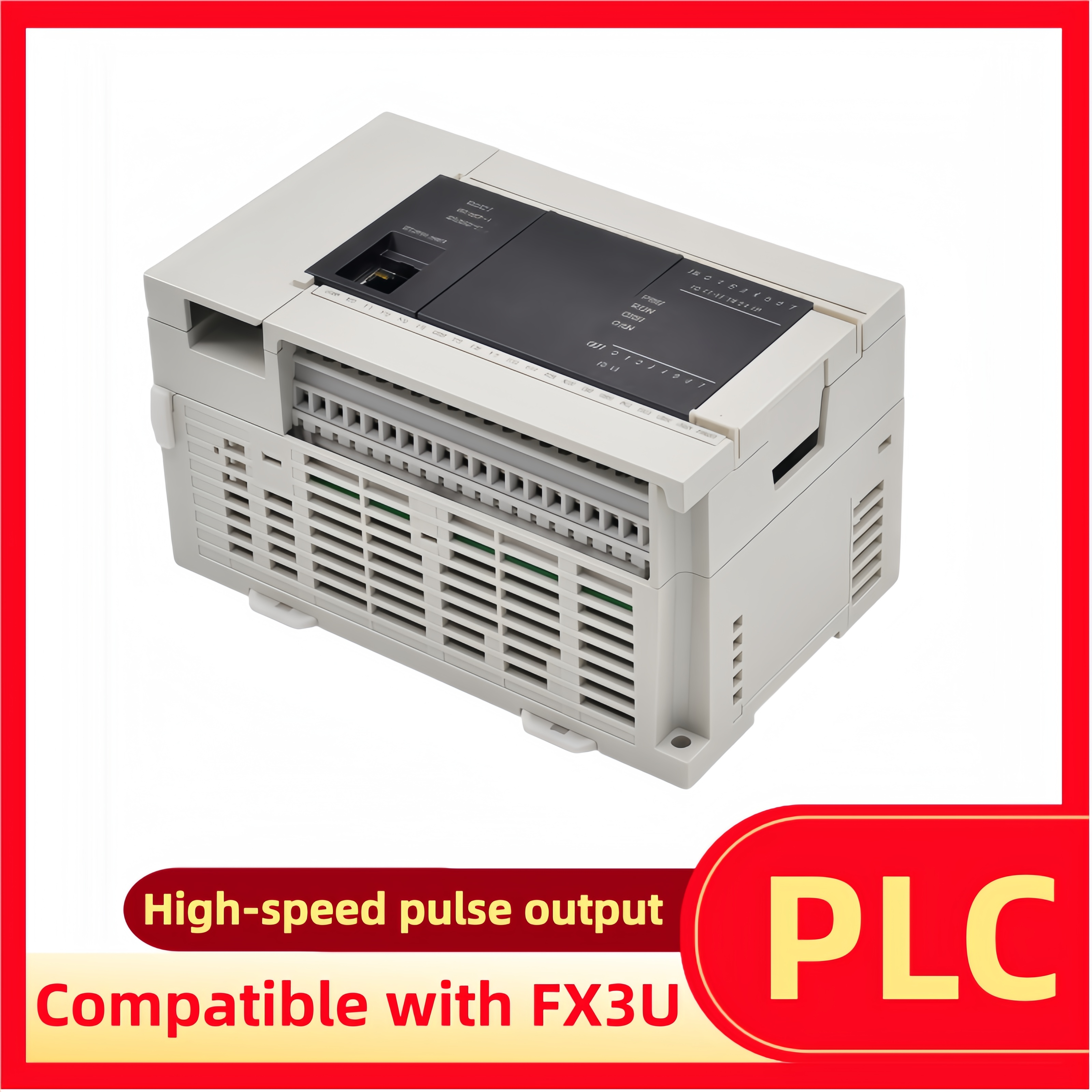 FX3Uプログラマブルコントローラと互換性のあるPLCで、Ethernet、アナログ入出力、高速パルスをサポートします。