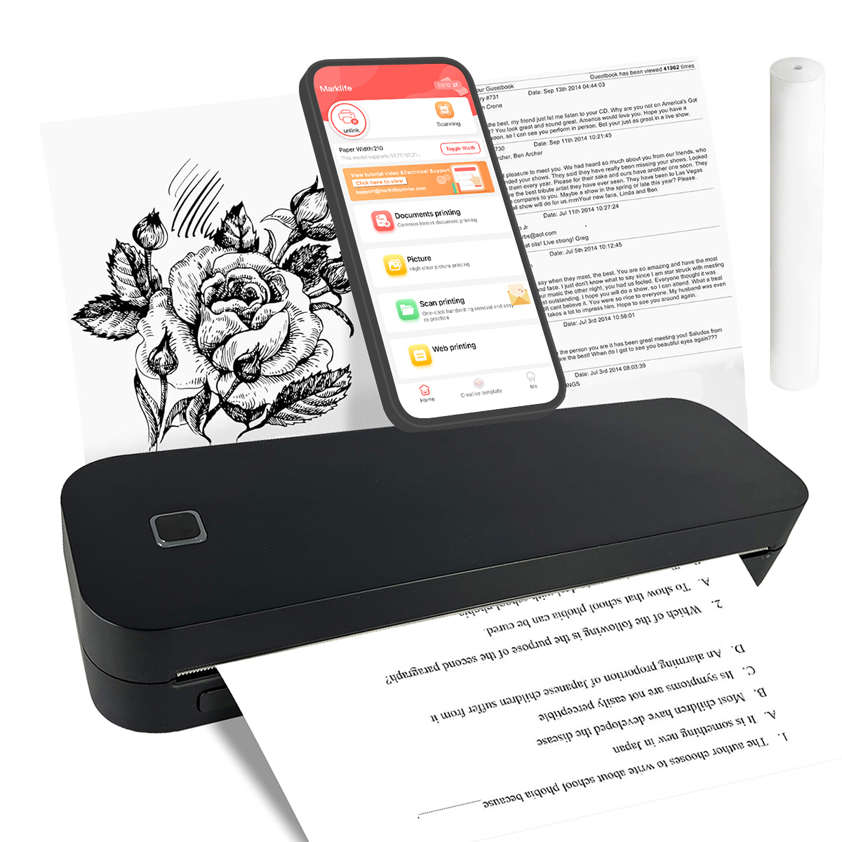 Marklife ポータブル A4 サーマルプリンター Bluetooth対応 写真 PDF 印刷機 折りたたみ式ロール紙 オフィス 家庭 旅行用