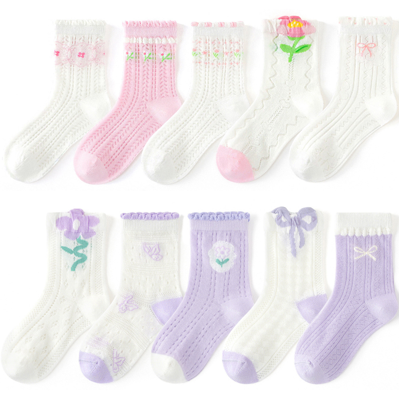 5 ペア綿子供メッシュ靴下ソフト薄型夏靴下キッズベビーキャンディカラー靴下女の子通気性花カジュアルかわいい Socken