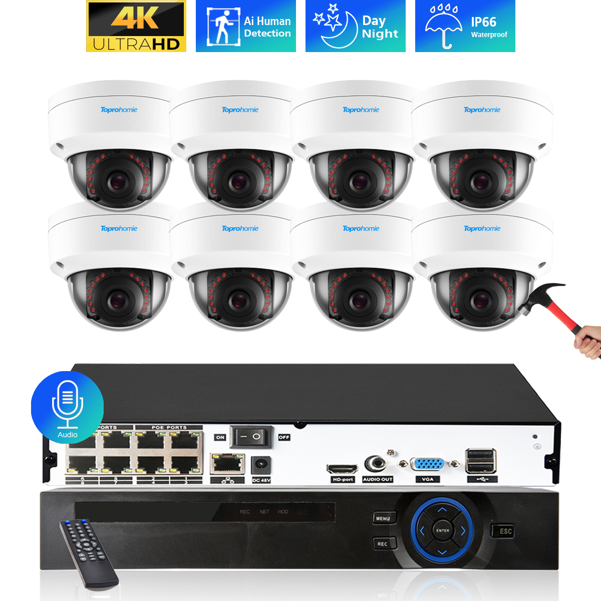 8CH 4K NVR キット H.265 CCTV セキュリティカメラシステム 8MP オーディオ 5MP 耐衝撃ドーム POE IP カメラビデオ監視セット