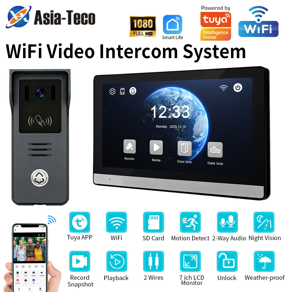 2 線式デジタルビデオインターホンシステム 7 インチワイヤレス WIFI APP モニター 1080P ドアホンカメラビデオドアベルカード tuya と連携