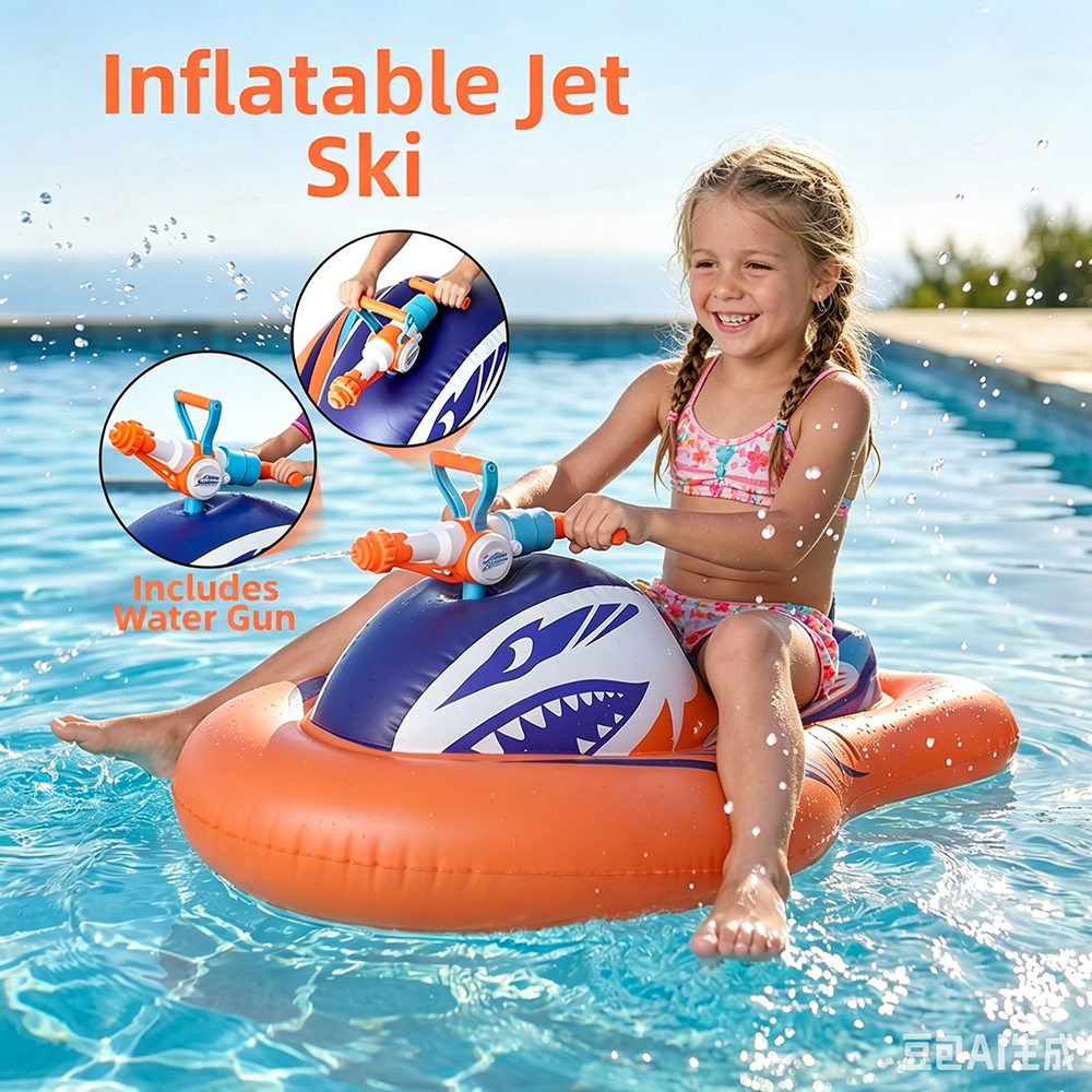 夏の水遊びおもちゃインフレータブルジェットスキー水鉄砲付き肥厚 PVC 水フローティングライドオンボートポータブル子供用プール湖