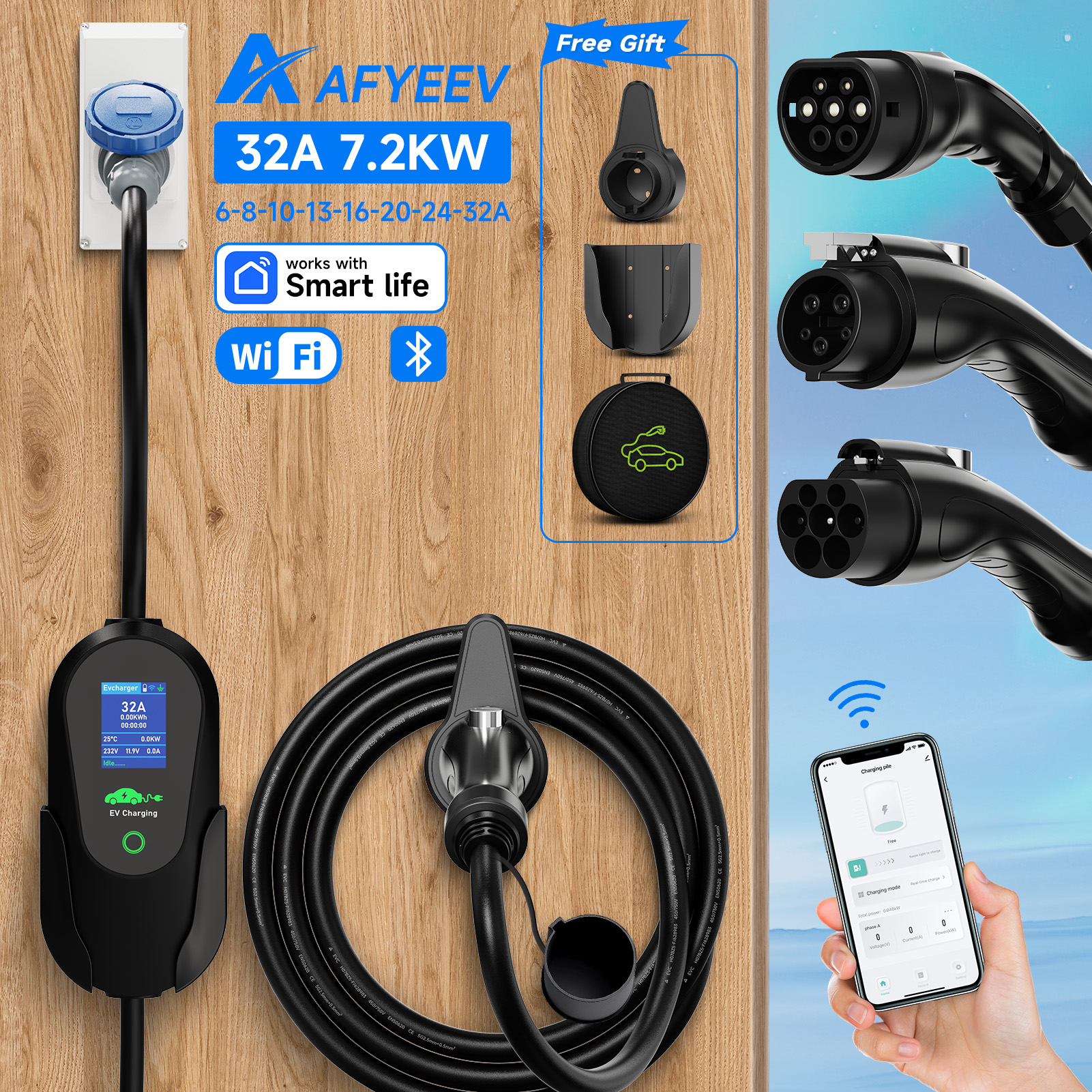 AFYEEV 7.2KW 32A ポータブル Type2 IEC62196-2 EV 充電器 Type1 SAE J1772 電気自動車充電器 GBT EVSE 充電ケーブル WiFi アプリ