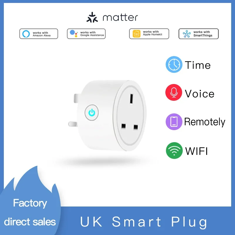 UK Matter 16A Wifi スマートソケット パワーモニター付き UK プラグ家電コンセント ホームキット Alexa Google IOT デバイスで動作します