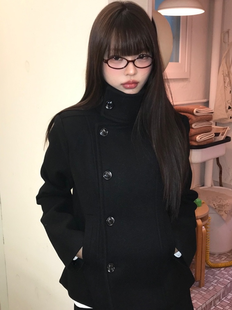 韓国 Sle 秋冬 ort コート Bla ウールスリムフィット女性のジャケットスタンドカラー Faionable 通勤シングルボタン