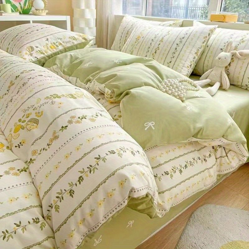 グリーン花柄寝具セットインファッションツインフルクイーンサイズ布団カバーフィラーなしフラットシート枕カバーガールホームトーテルベッドリネン